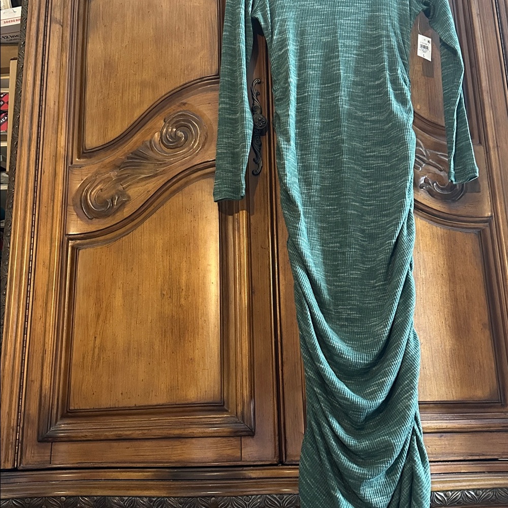 New Midi Green Heathered Bodycon Knit Runched Stretchy Long Sleeve Dress Large - Picture 4 of 10